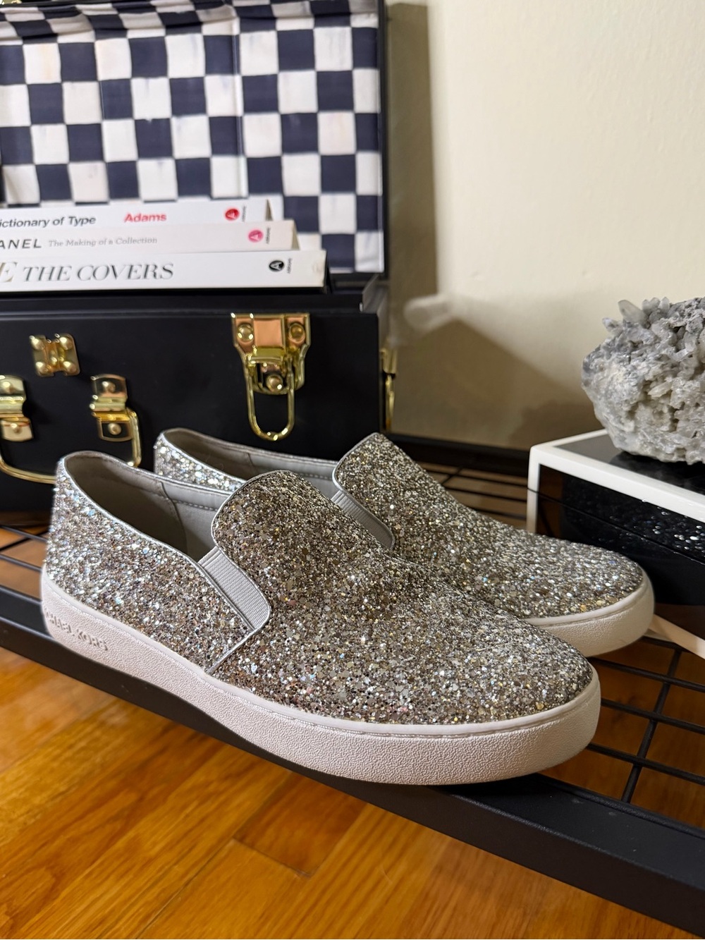 Michael Kors Silver Sparkle Slip On Sneakers Size 7.5 with Box